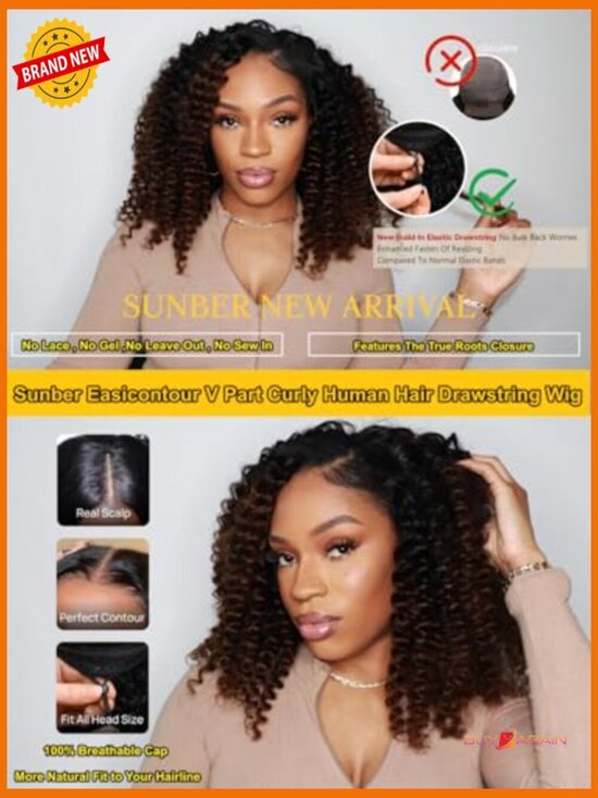 Human Hair V Part Curly Glueless Wig 180% Density 18 Inch main image 6